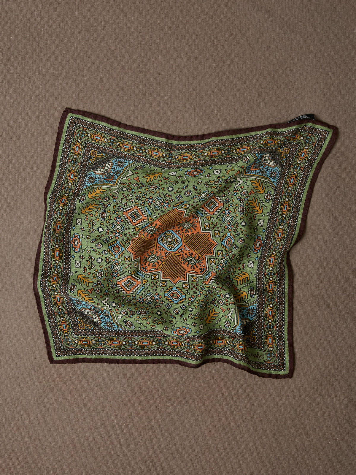 Drake's Olive and Burgundy Kelim Print Wool-Silk Pocket Square