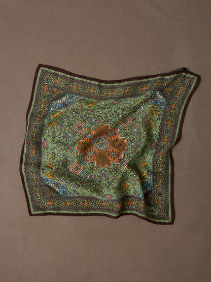 Drake's Olive and Burgundy Kelim Print Wool-Silk Pocket Square