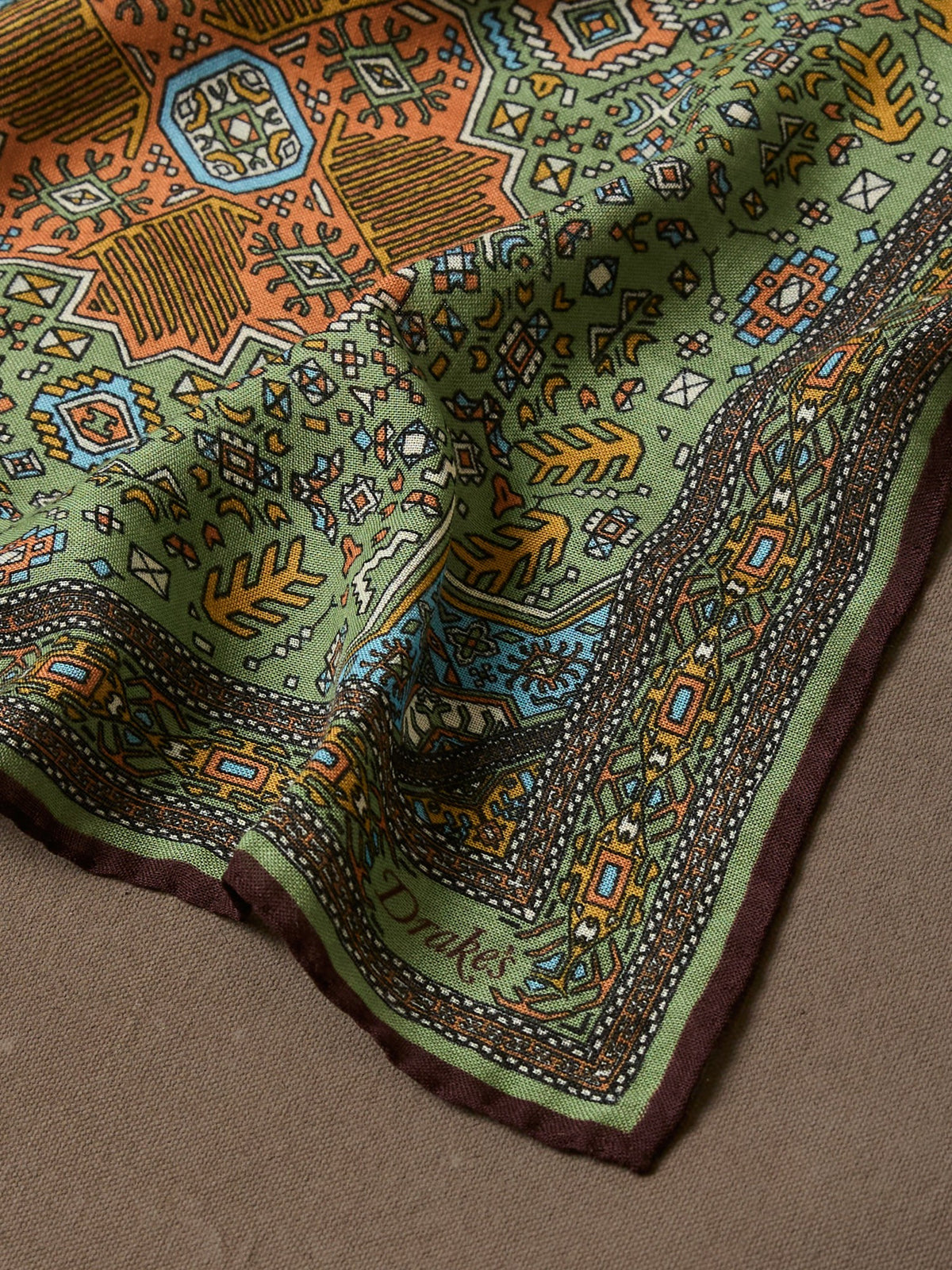 Drake's Olive and Burgundy Kelim Print Wool-Silk Pocket Square