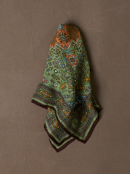 Drake's Olive and Burgundy Kelim Print Wool-Silk Pocket Square