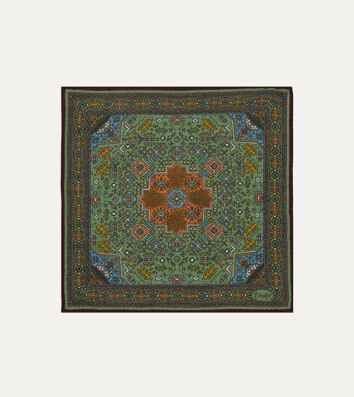 Drake's Olive and Burgundy Kelim Print Wool-Silk Pocket Square