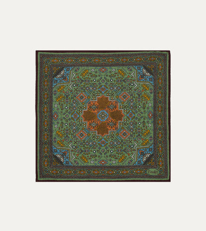 Drake's Olive and Burgundy Kelim Print Wool-Silk Pocket Square