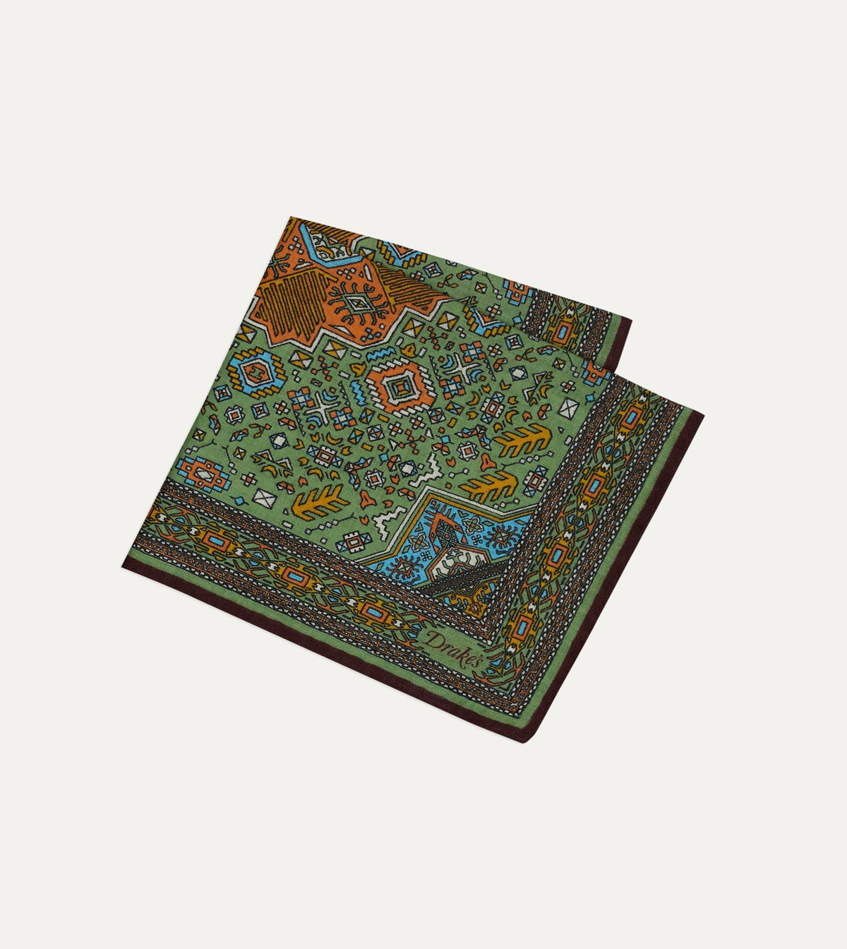 Drake's Olive and Burgundy Kelim Print Wool-Silk Pocket Square