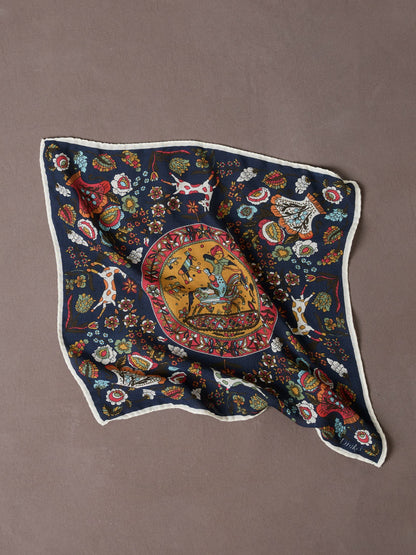 Drake's Navy Folk Rider Print Wool-Silk Pocket Square