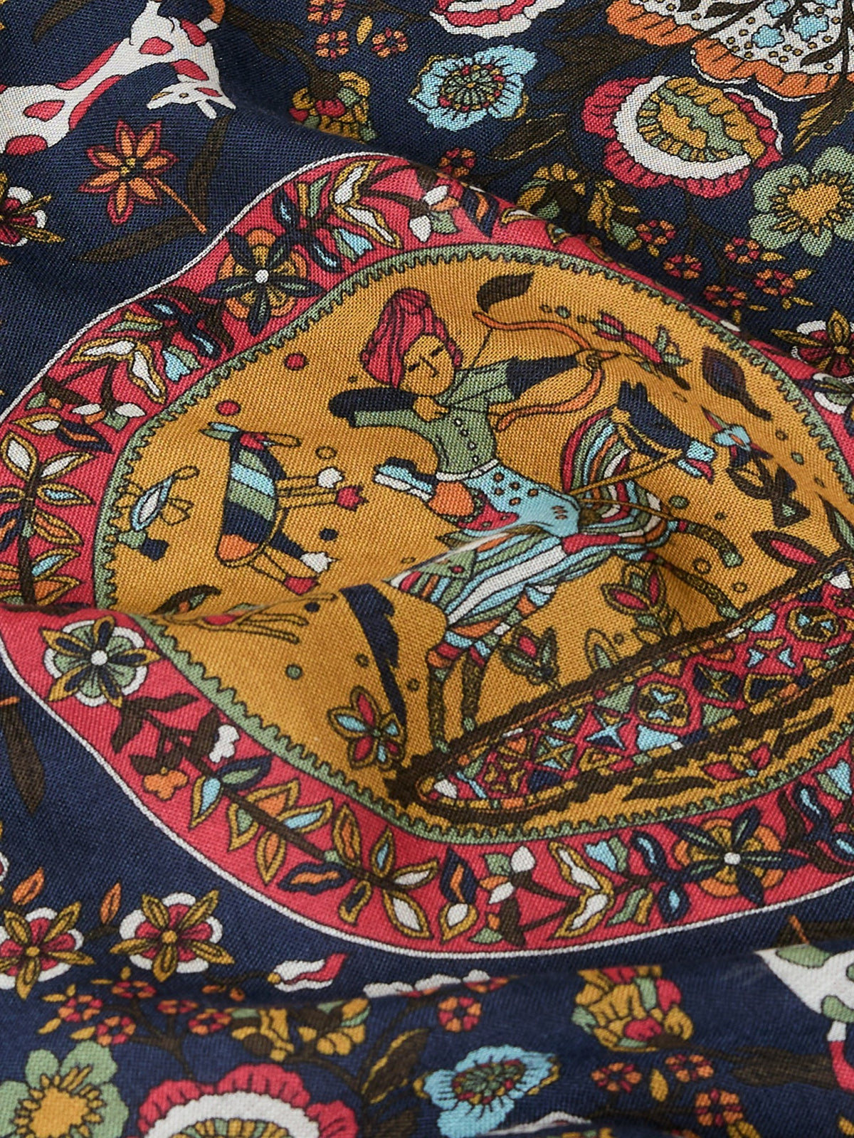 Drake's Navy Folk Rider Print Wool-Silk Pocket Square