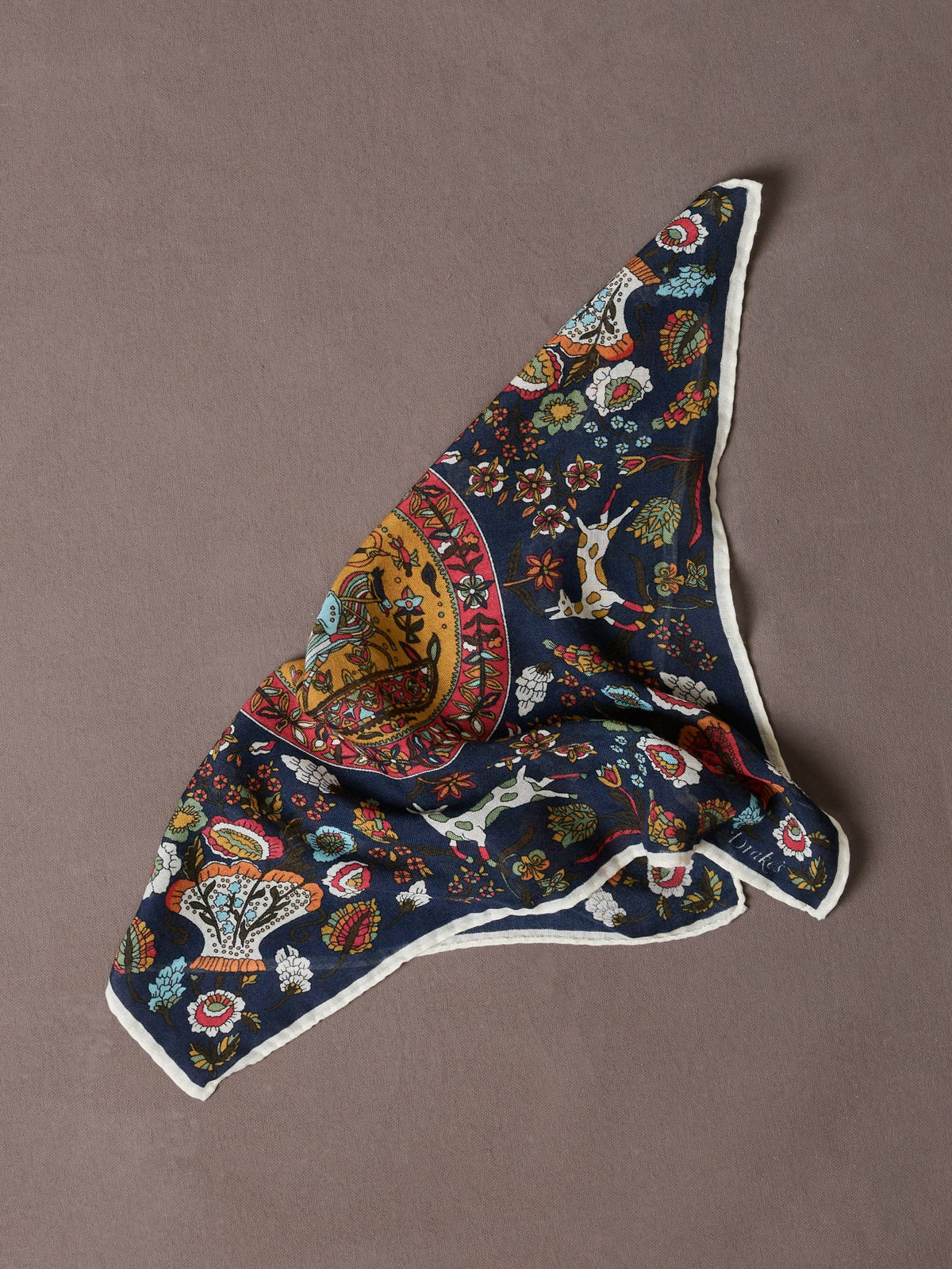 Drake's Navy Folk Rider Print Wool-Silk Pocket Square
