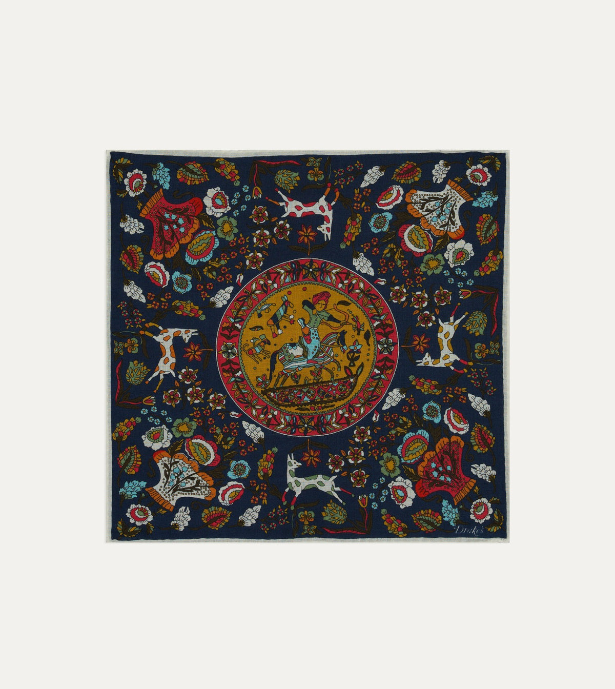 Drake's Navy Folk Rider Print Wool-Silk Pocket Square