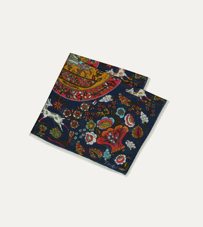 Drake's Navy Folk Rider Print Wool-Silk Pocket Square