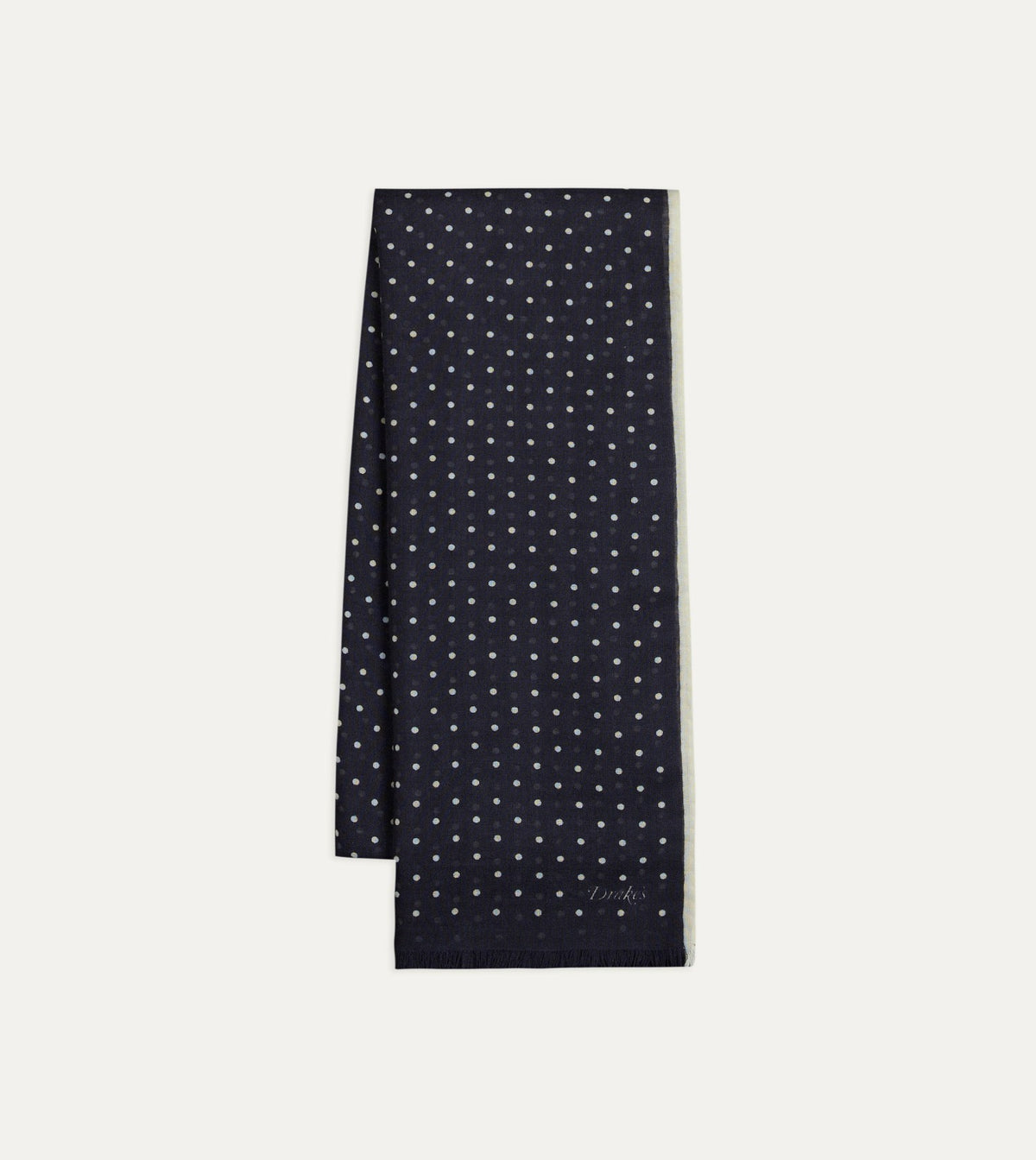 Drake's Navy Polka Dot Print Shoestring Wool-Silk Scarf