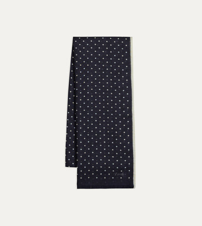 Drake's Navy Polka Dot Print Shoestring Wool-Silk Scarf