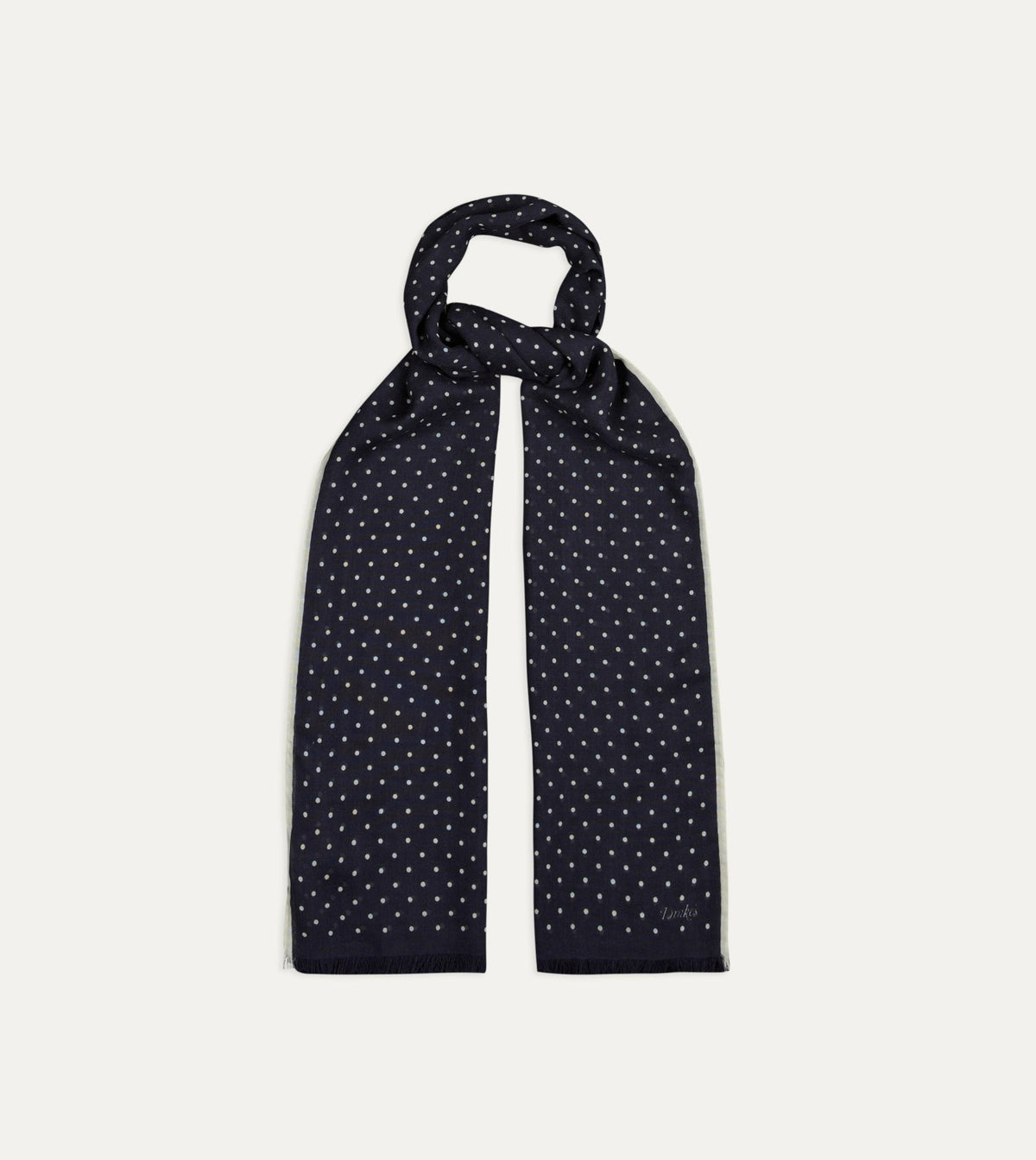Drake's Navy Polka Dot Print Shoestring Wool-Silk Scarf