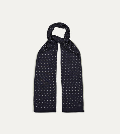 Drake's Navy Polka Dot Print Shoestring Wool-Silk Scarf