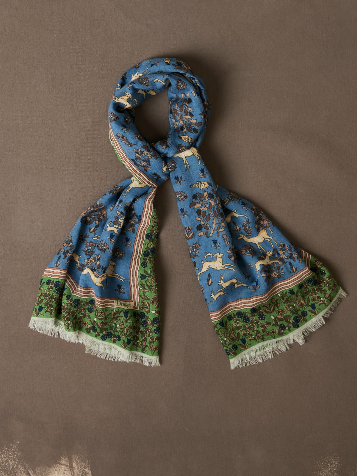 Drake's Blue Archival Animals Print Wool-Silk Scarf