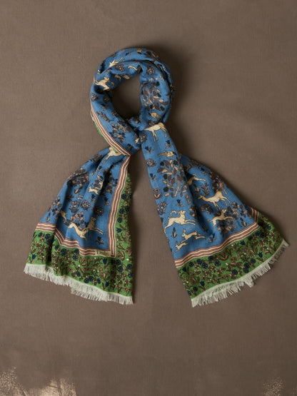Drake's Blue Archival Animals Print Wool-Silk Scarf