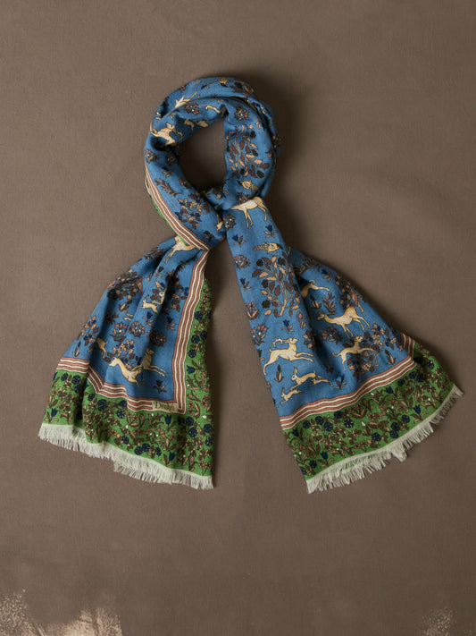 Drake's Blue Archival Animals Print Wool-Silk Scarf