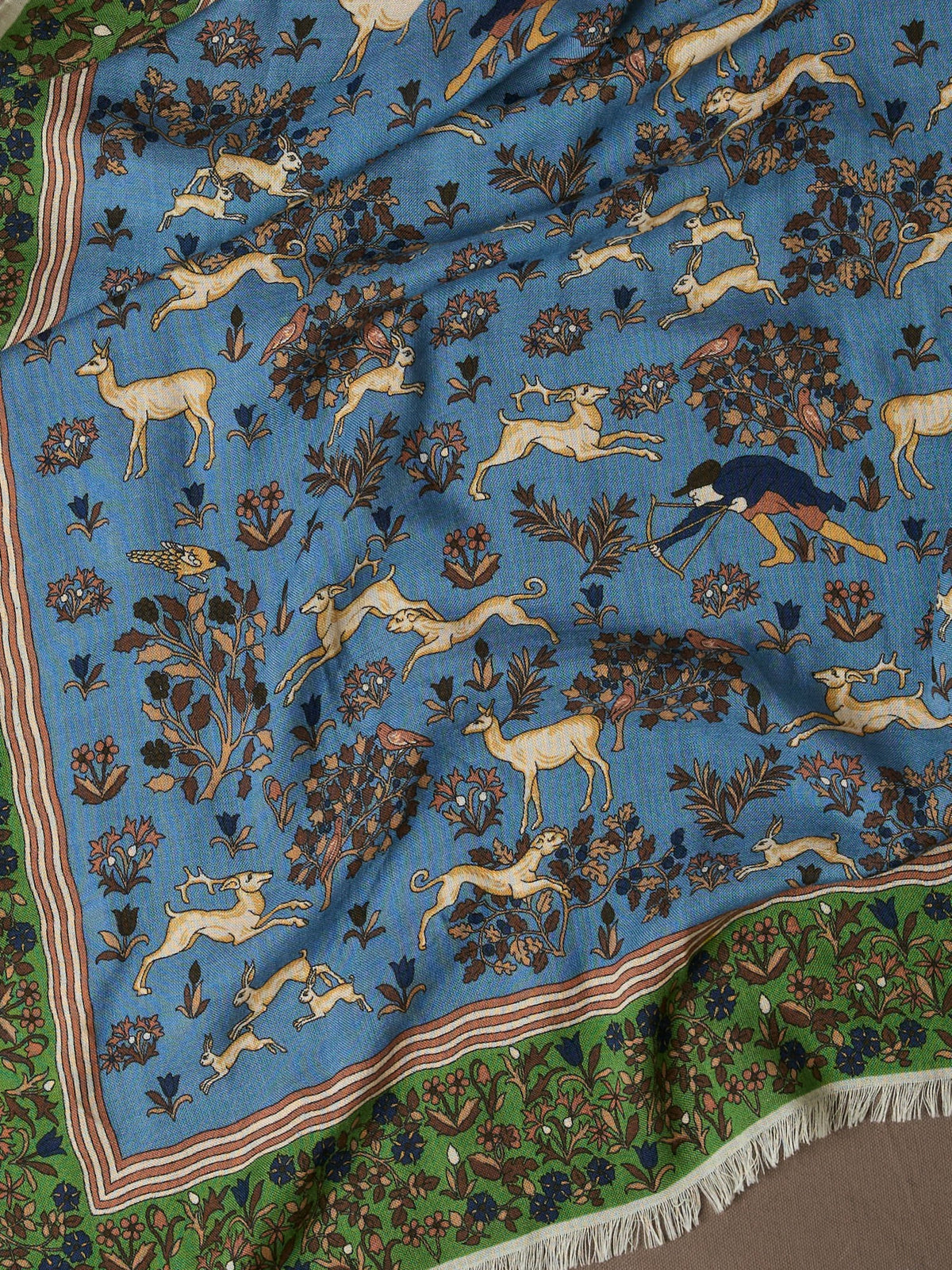 Drake's Blue Archival Animals Print Wool-Silk Scarf