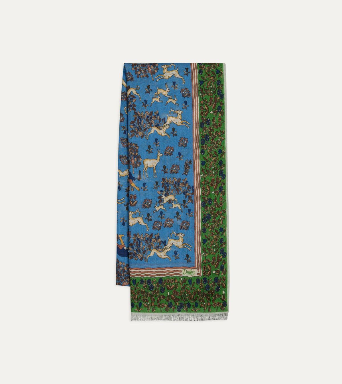 Drake's Blue Archival Animals Print Wool-Silk Scarf