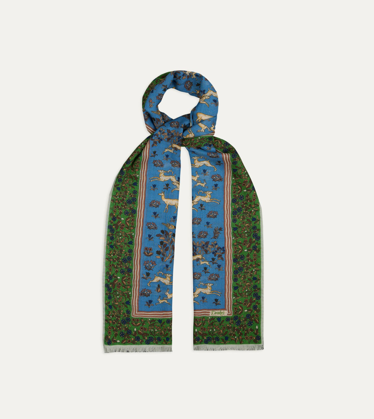 Drake's Blue Archival Animals Print Wool-Silk Scarf