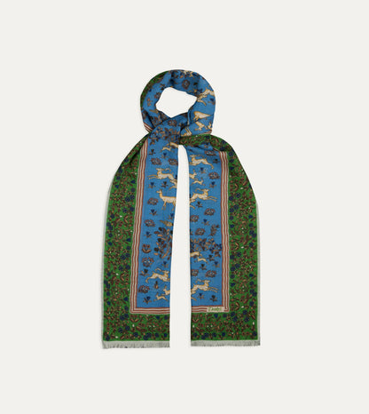 Drake's Blue Archival Animals Print Wool-Silk Scarf