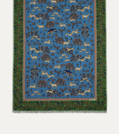 Drake's Blue Archival Animals Print Wool-Silk Scarf