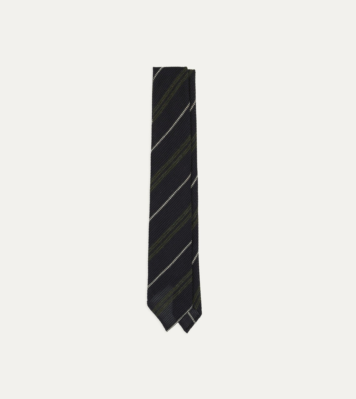 Drake's Navy and Green Stripe Grenadine Hand Rolled Shetland Wool Tie