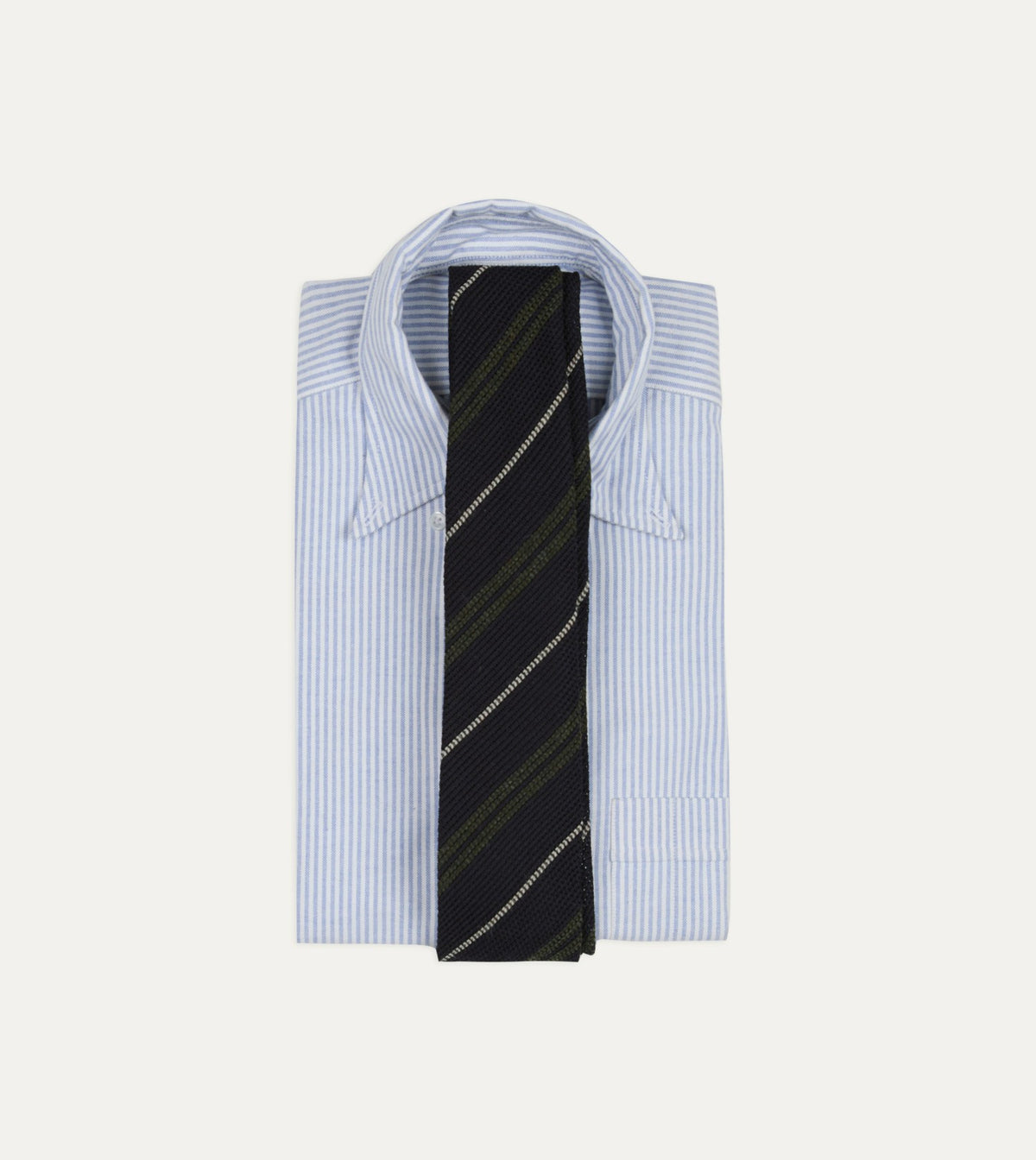Drake's Navy and Green Stripe Grenadine Hand Rolled Shetland Wool Tie