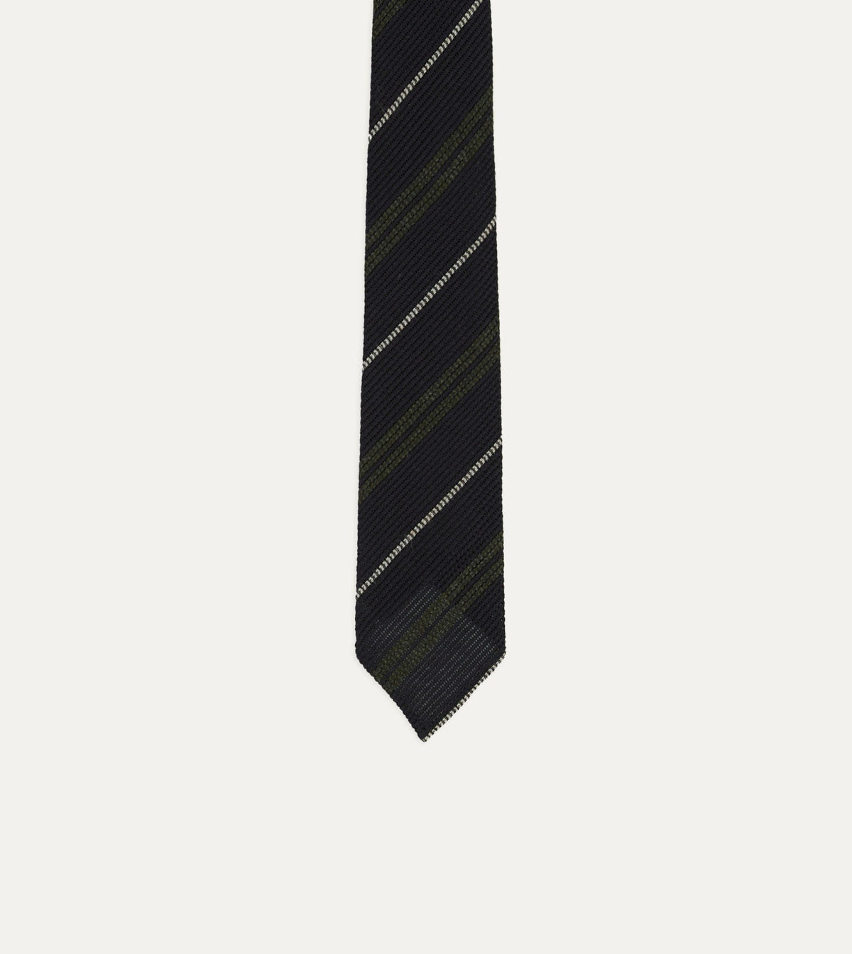 Drake's Navy and Green Stripe Grenadine Hand Rolled Shetland Wool Tie