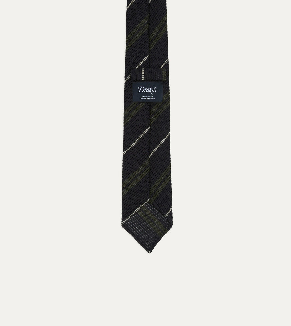 Drake's Navy and Green Stripe Grenadine Hand Rolled Shetland Wool Tie