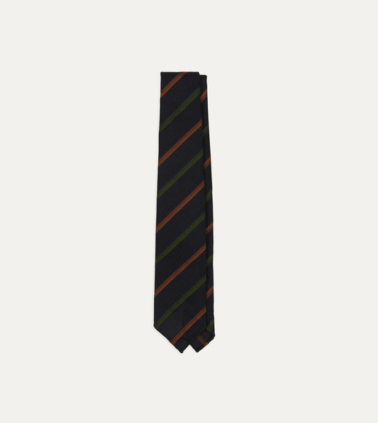 Drake's Navy, Green and Brown Multi Stripe Hand Rolled Silk Grenadine Tie