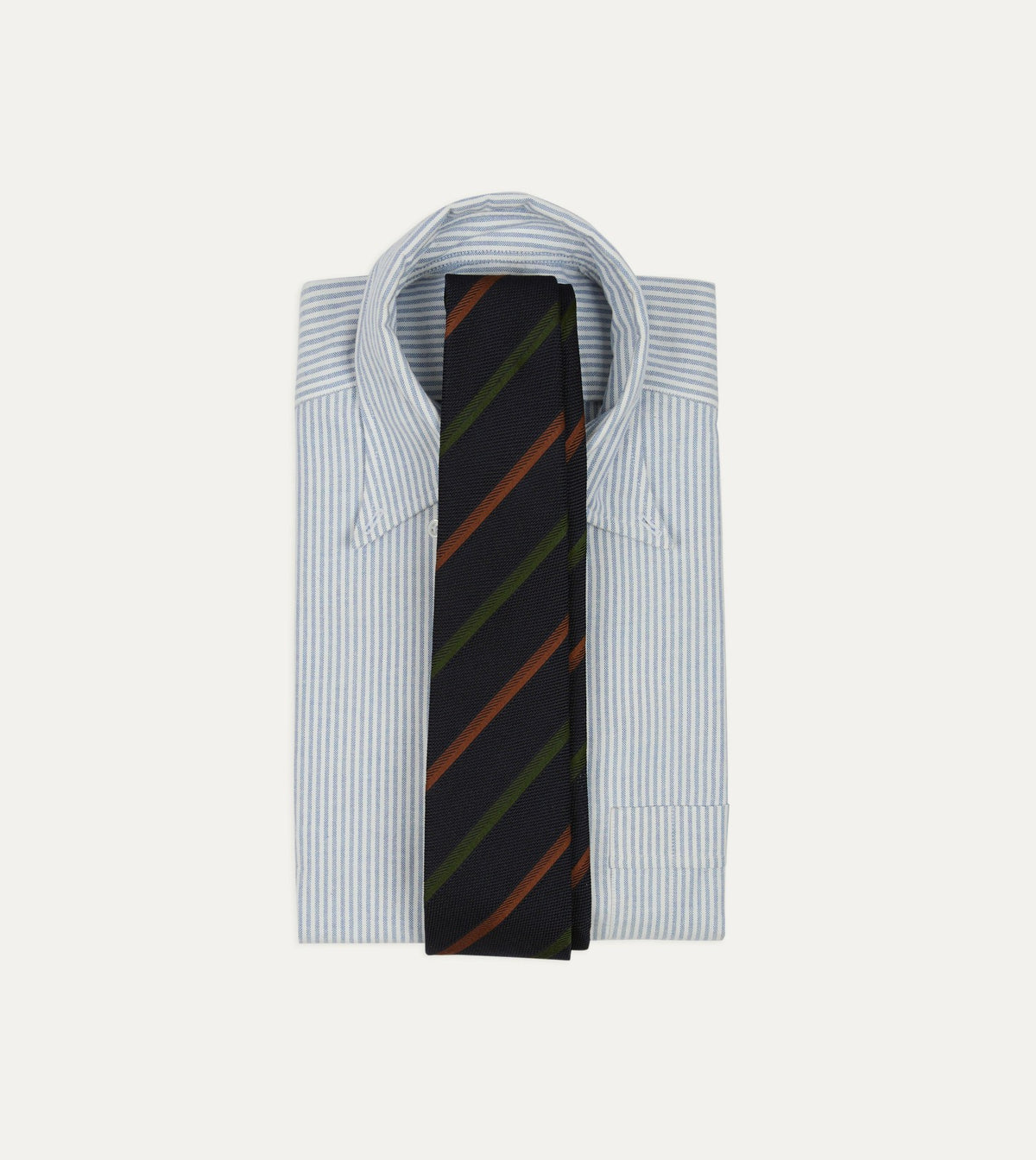 Drake's Navy, Green and Brown Multi Stripe Hand Rolled Silk Grenadine Tie