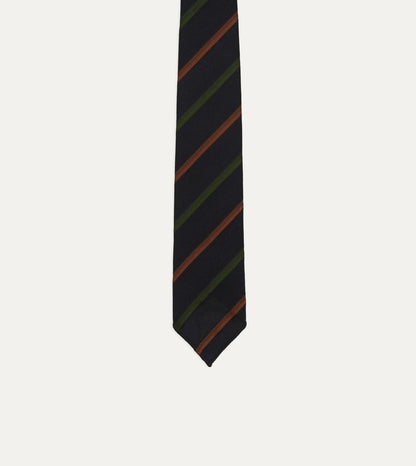 Drake's Navy, Green and Brown Multi Stripe Hand Rolled Silk Grenadine Tie
