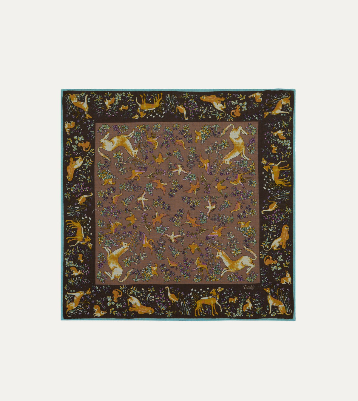 Drake's Brown Unicorn Tapestry Print Wool-Silk Bandana