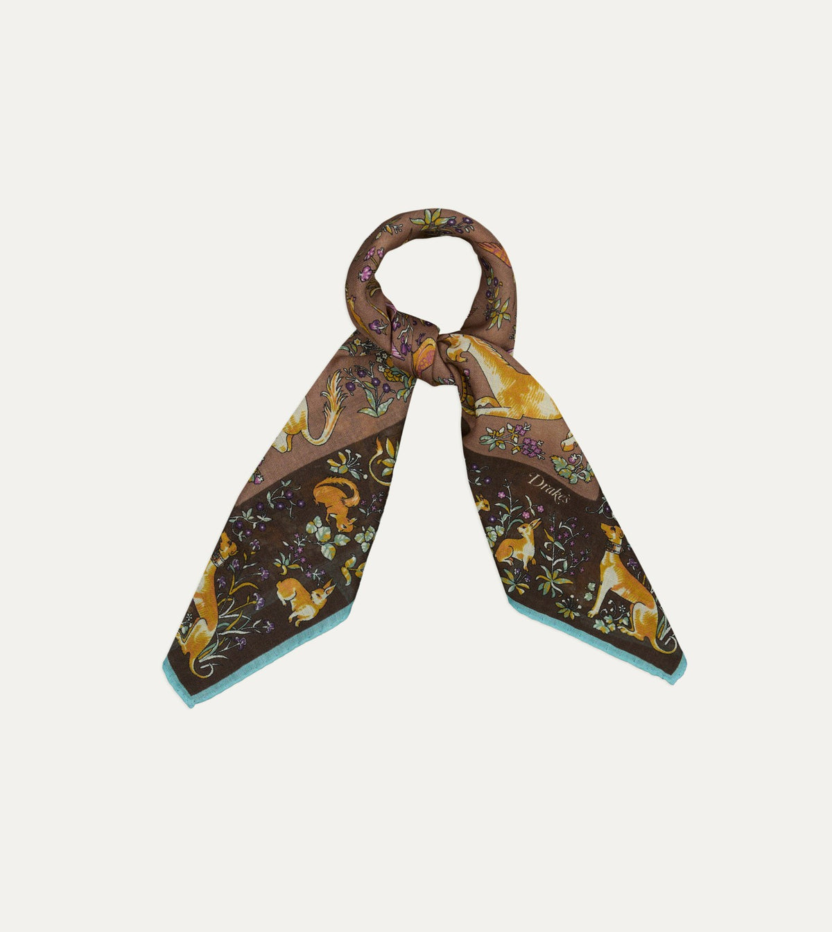 Drake's Brown Unicorn Tapestry Print Wool-Silk Bandana