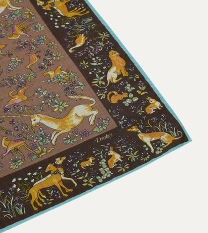 Drake's Brown Unicorn Tapestry Print Wool-Silk Bandana