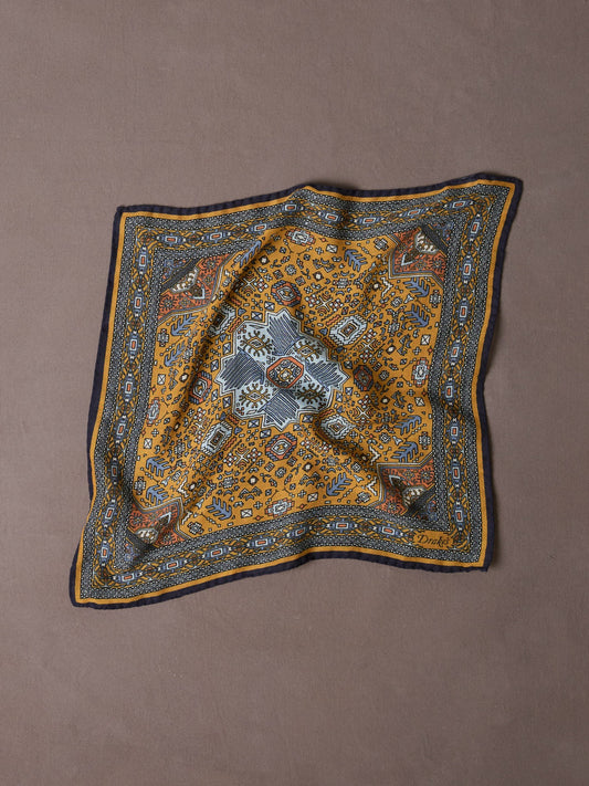 Drake's Yellow and Navy Kelim Print Wool-Silk Pocket Square