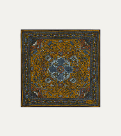 Drake's Yellow and Navy Kelim Print Wool-Silk Pocket Square