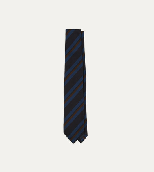 Drake's Blue and Brown Stripe Mogador Cotton-Silk Tipped Tie