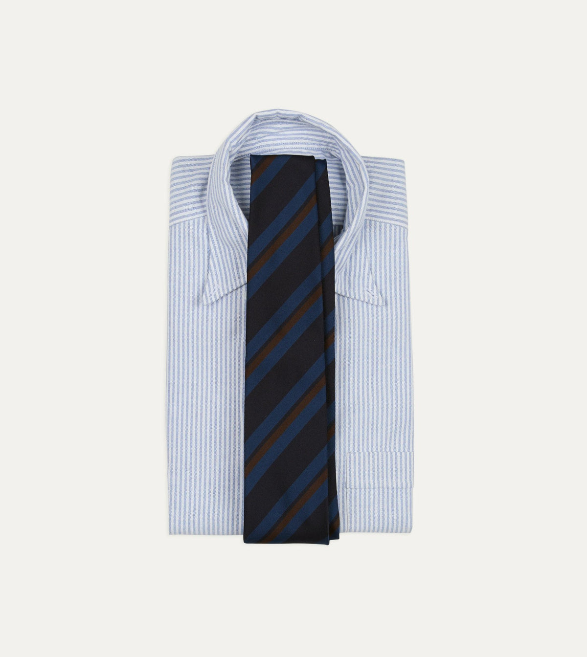 Drake's Blue and Brown Stripe Mogador Cotton-Silk Tipped Tie
