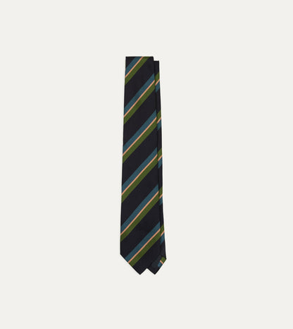 Drake's Navy, Green, Blue and Yellow Sandwich Stripe Repp Silk Tipped Tie