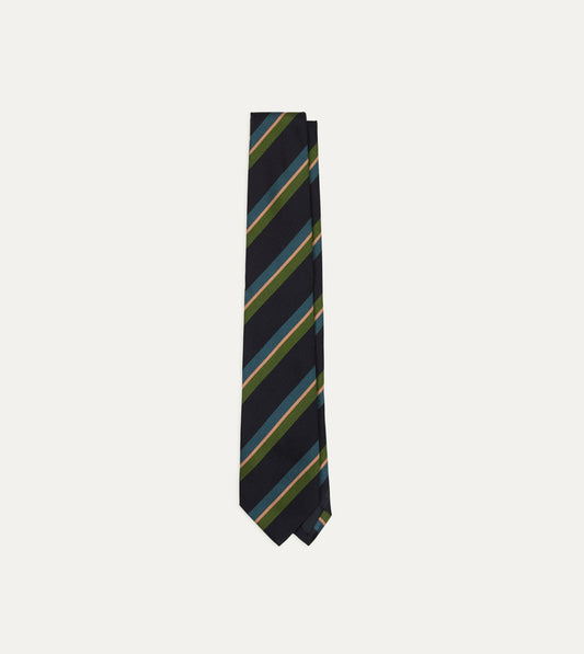 Drake's Navy, Green, Blue and Yellow Sandwich Stripe Repp Silk Tipped Tie