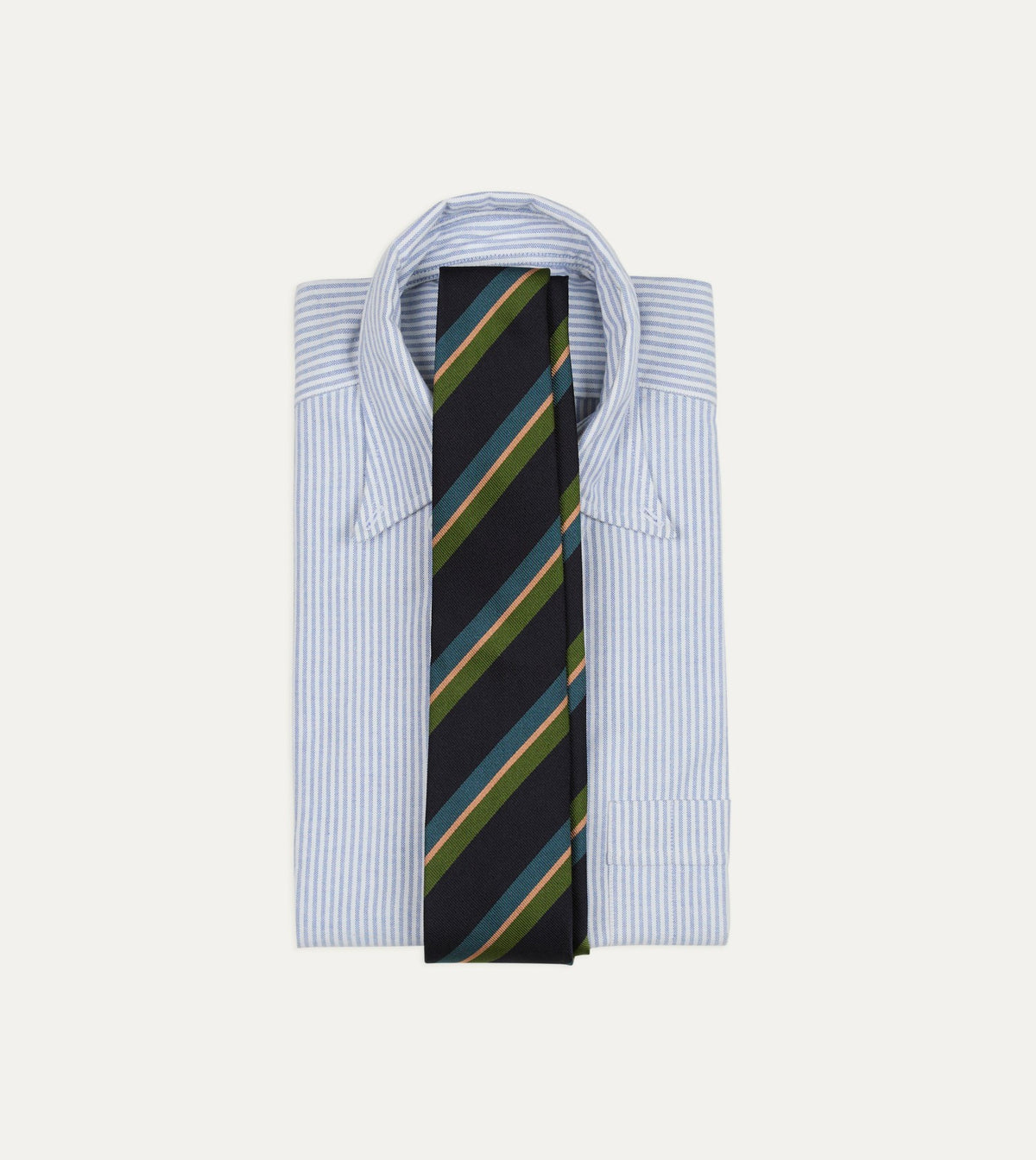 Drake's Navy, Green, Blue and Yellow Sandwich Stripe Repp Silk Tipped Tie