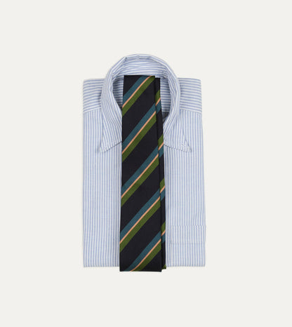 Drake's Navy, Green, Blue and Yellow Sandwich Stripe Repp Silk Tipped Tie