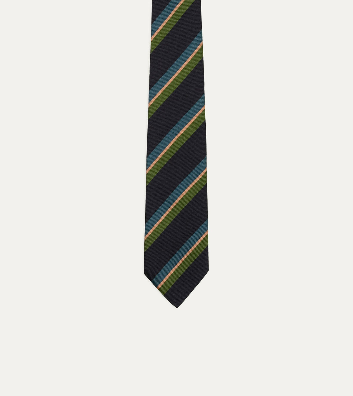 Drake's Navy, Green, Blue and Yellow Sandwich Stripe Repp Silk Tipped Tie