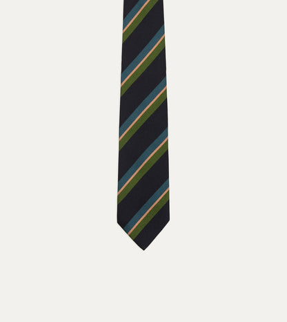 Drake's Navy, Green, Blue and Yellow Sandwich Stripe Repp Silk Tipped Tie