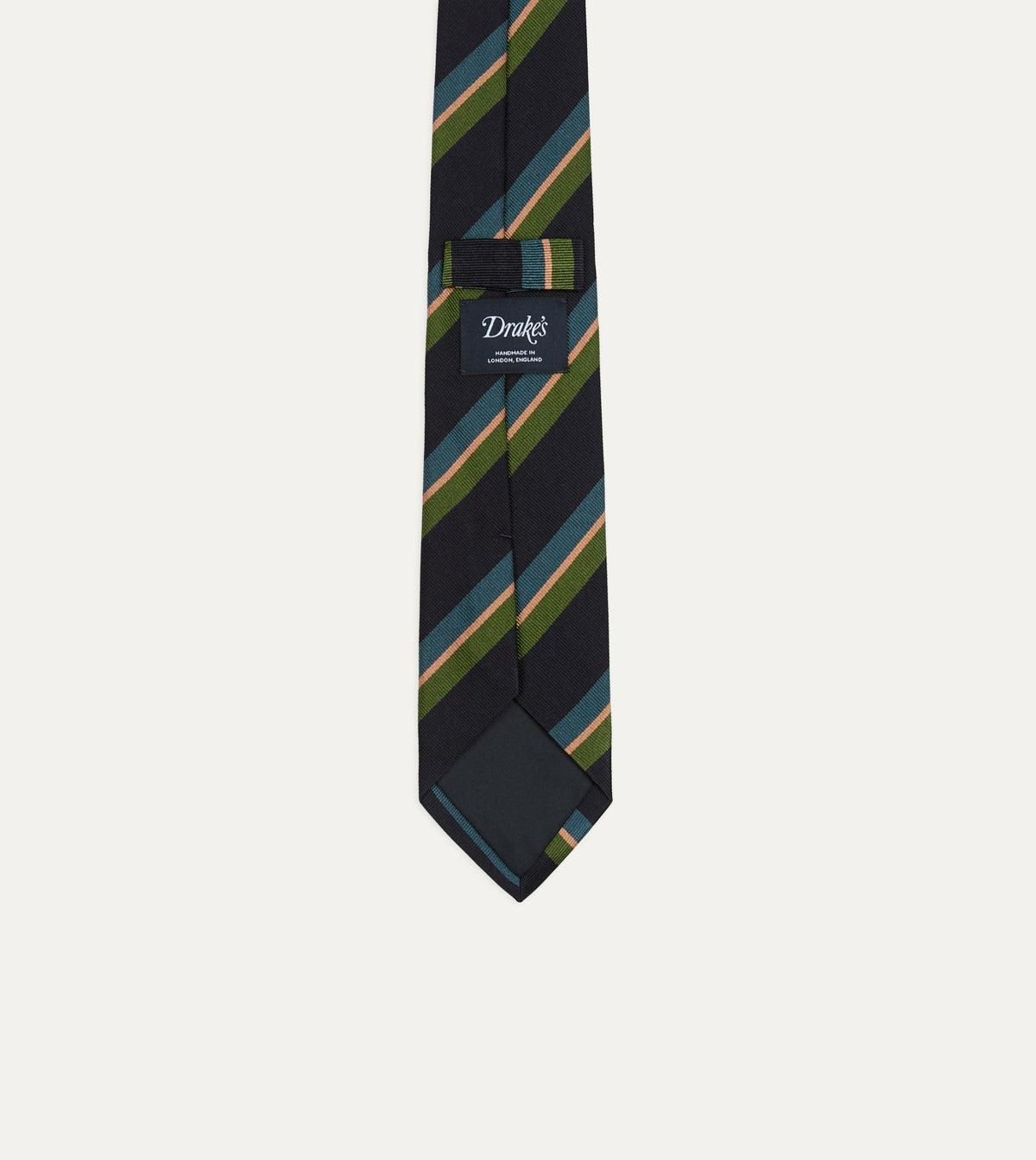 Drake's Navy, Green, Blue and Yellow Sandwich Stripe Repp Silk Tipped Tie