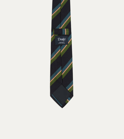 Drake's Navy, Green, Blue and Yellow Sandwich Stripe Repp Silk Tipped Tie
