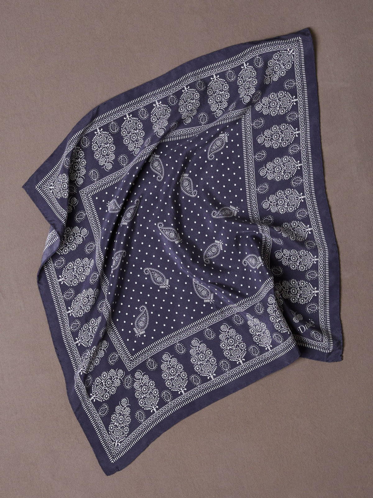 Drake's Navy Paisley Spot Print Silk Pocket Square