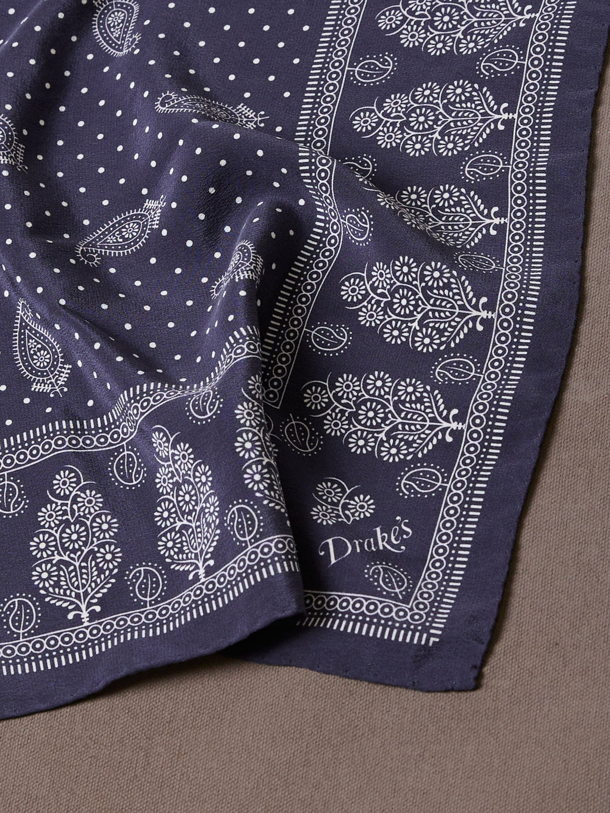 Drake's Navy Paisley Spot Print Silk Pocket Square