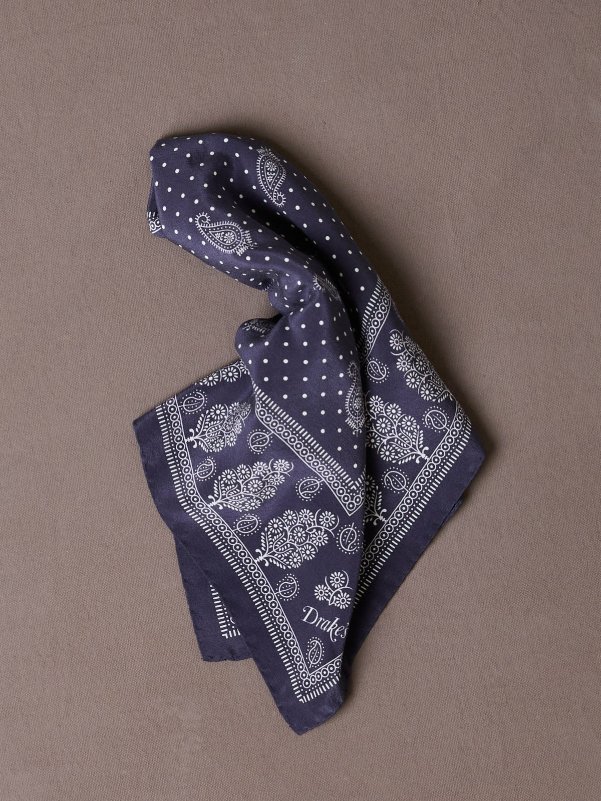 Drake's Navy Paisley Spot Print Silk Pocket Square