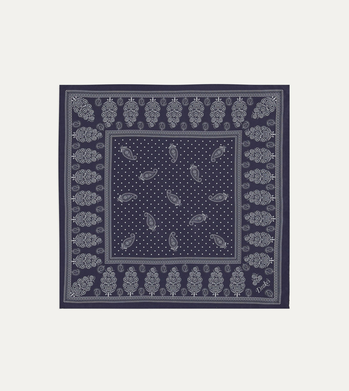 Drake's Navy Paisley Spot Print Silk Pocket Square